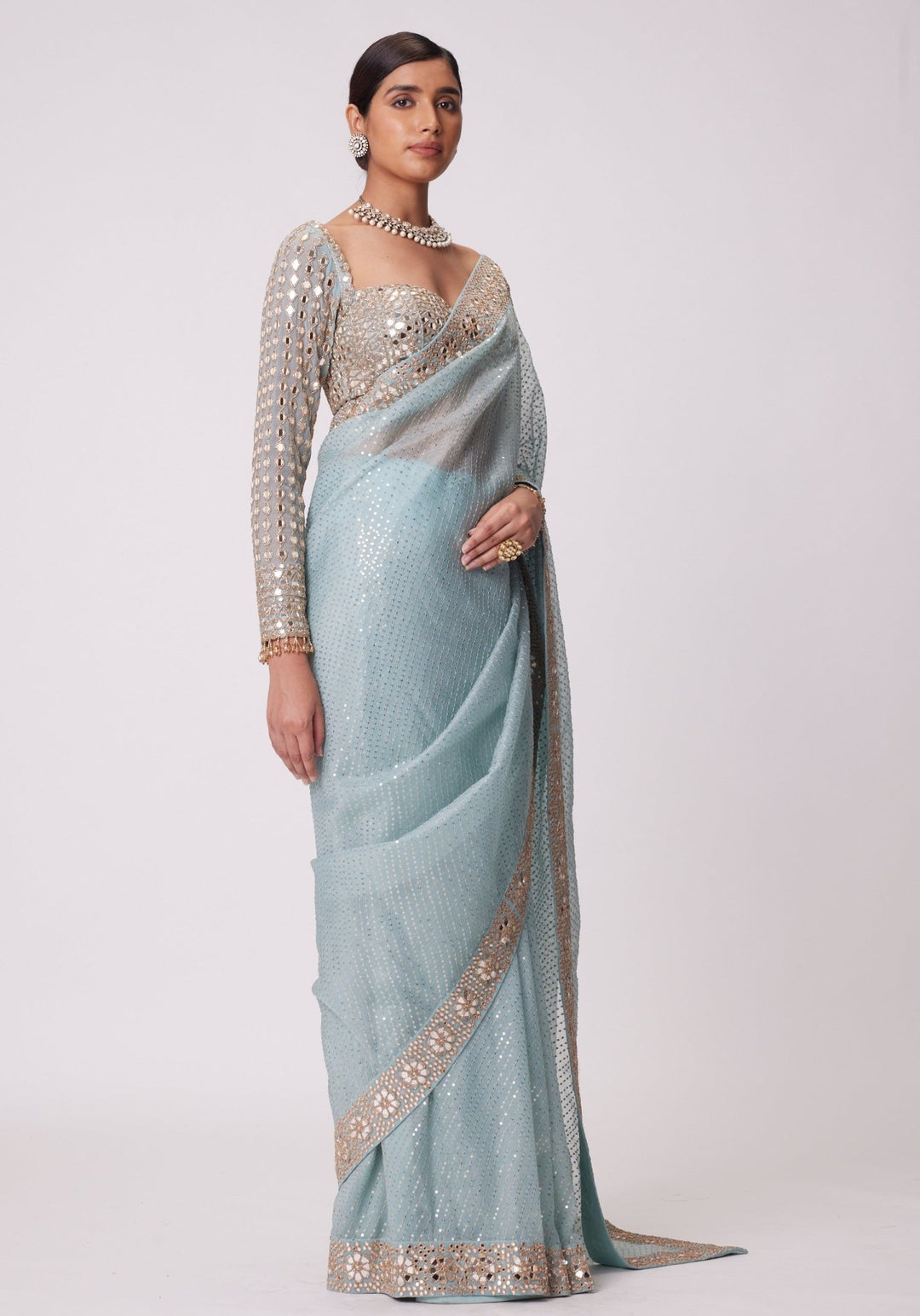 Powder Blue Organza Saree With Embroidered Mirror Blouse Vvani by Vani Vats - Fabilicious Fashion