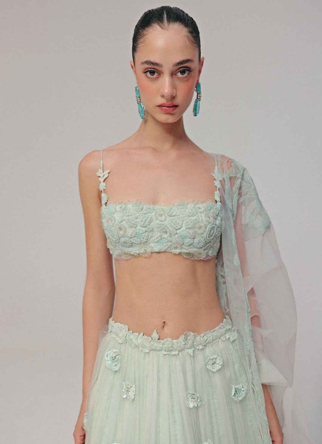 The Little Black Bow Powder Blue Organza Silk Lehenga SetFabilicious Fashion