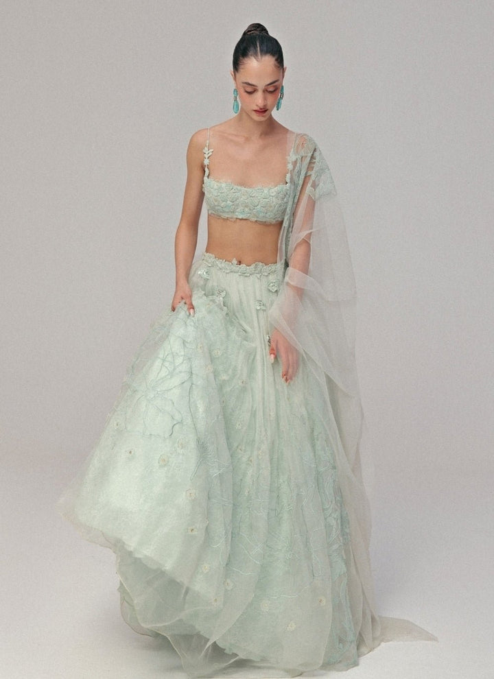 The Little Black Bow Powder Blue Organza Silk Lehenga SetFabilicious Fashion