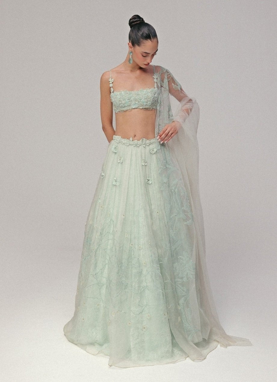 The Little Black Bow Powder Blue Organza Silk Lehenga SetFabilicious Fashion