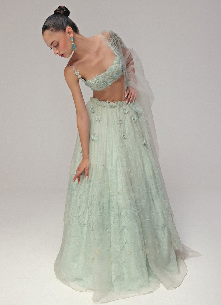 The Little Black Bow Powder Blue Organza Silk Lehenga SetFabilicious Fashion