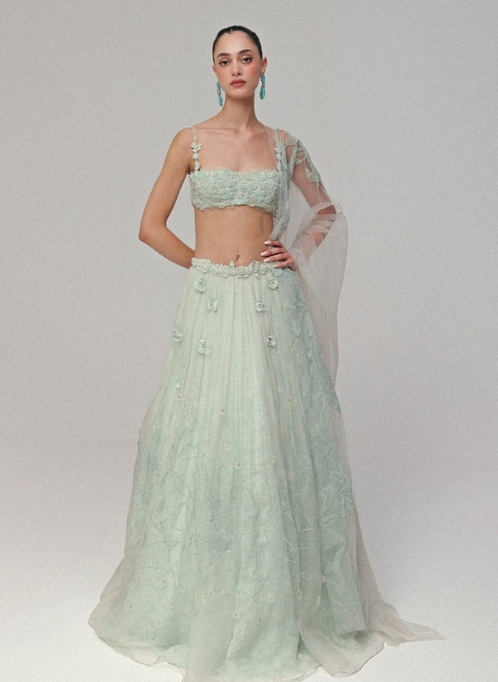 The Little Black Bow Powder Blue Organza Silk Lehenga SetFabilicious Fashion