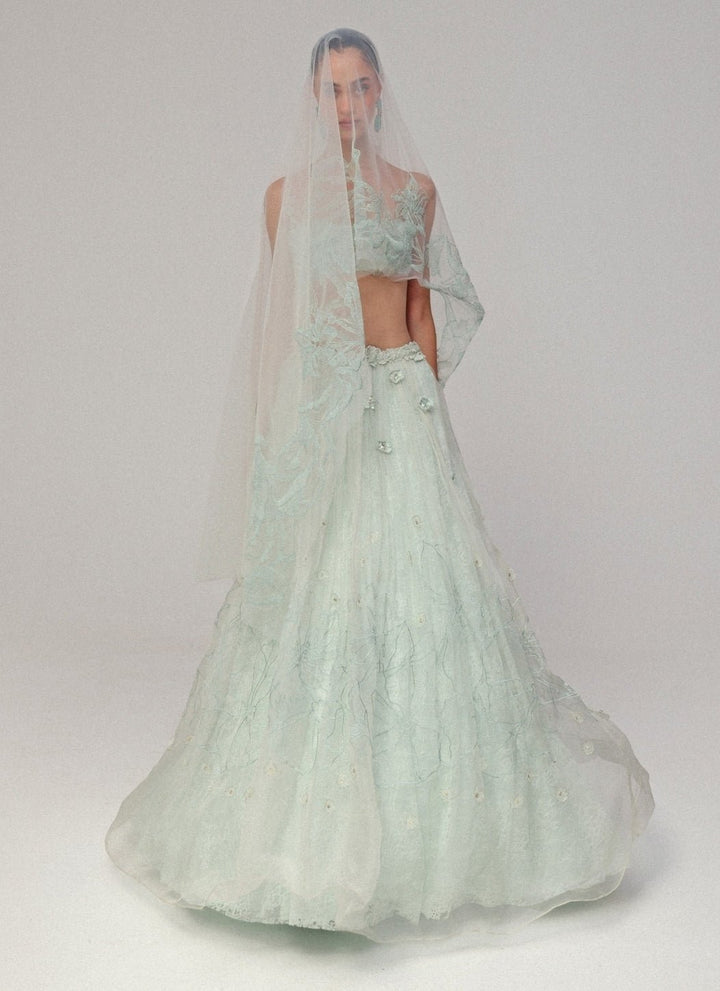 The Little Black Bow Powder Blue Organza Silk Lehenga SetFabilicious Fashion