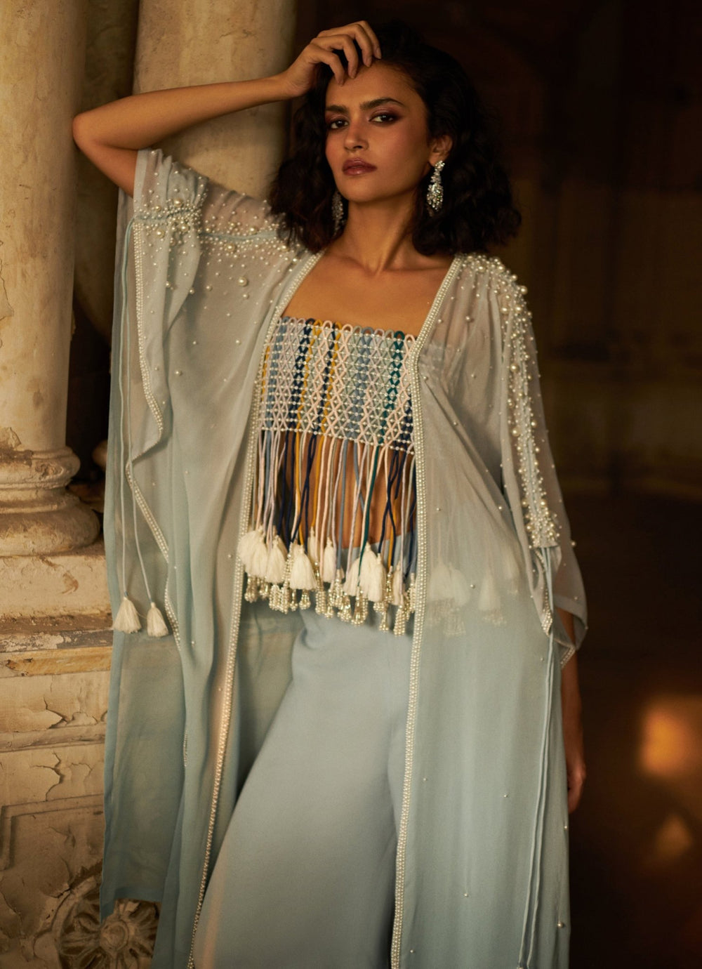 Powder Blue Pant Set With Pearl Cape Duara - Fabilicious Fashion