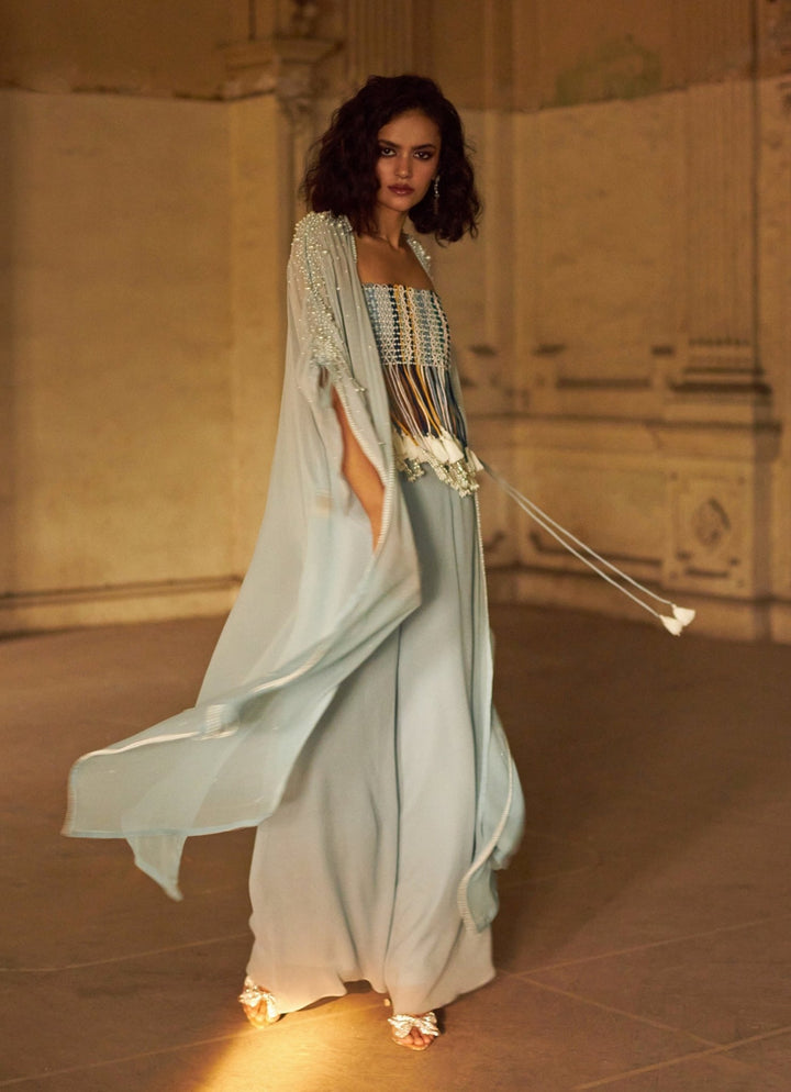 Powder Blue Pant Set With Pearl Cape Duara - Fabilicious Fashion