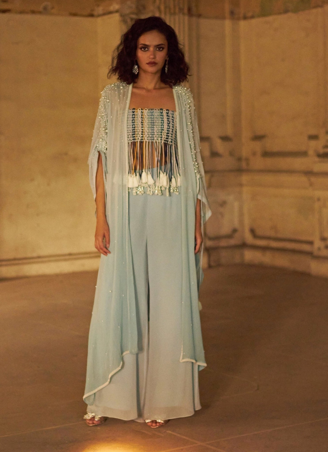 Powder Blue Pant Set With Pearl Cape Duara - Fabilicious Fashion