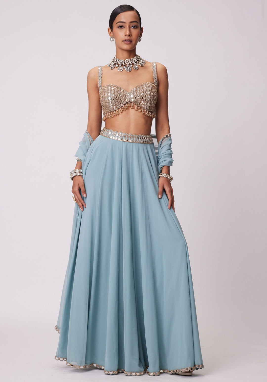 Powder Blue Pants Lehenga With Embroidered Sleeveless Blouse Vvani by Vani Vats - Fabilicious Fashion