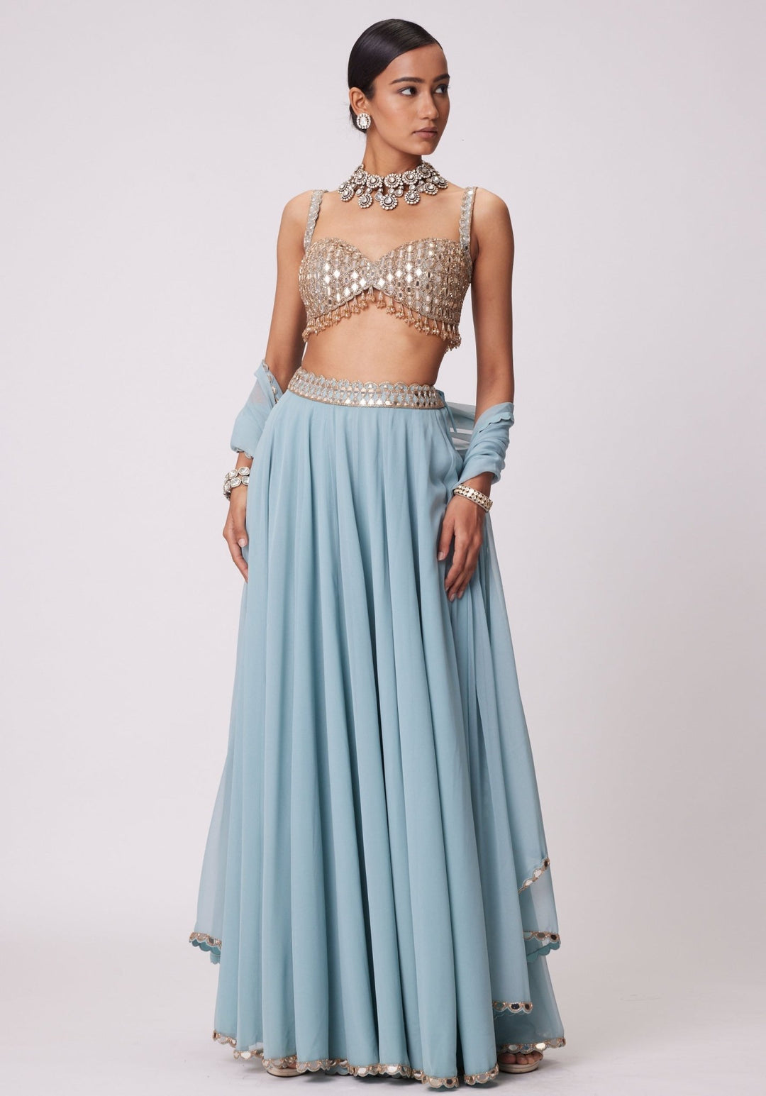 Powder Blue Pants Lehenga With Embroidered Sleeveless Blouse Vvani by Vani Vats - Fabilicious Fashion