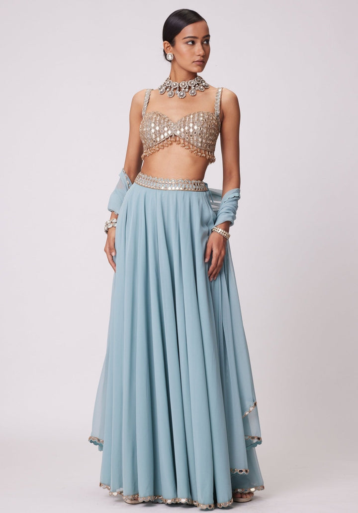 Powder Blue Pants Lehenga With Embroidered Sleeveless Blouse Vvani by Vani Vats - Fabilicious Fashion