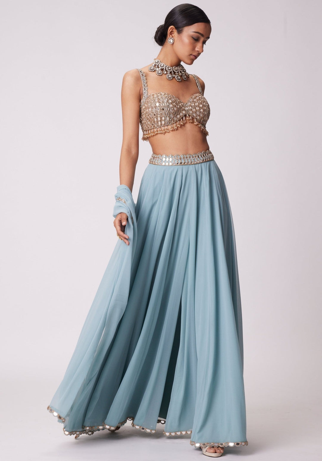 Powder Blue Pants Lehenga With Embroidered Sleeveless Blouse Vvani by Vani Vats - Fabilicious Fashion