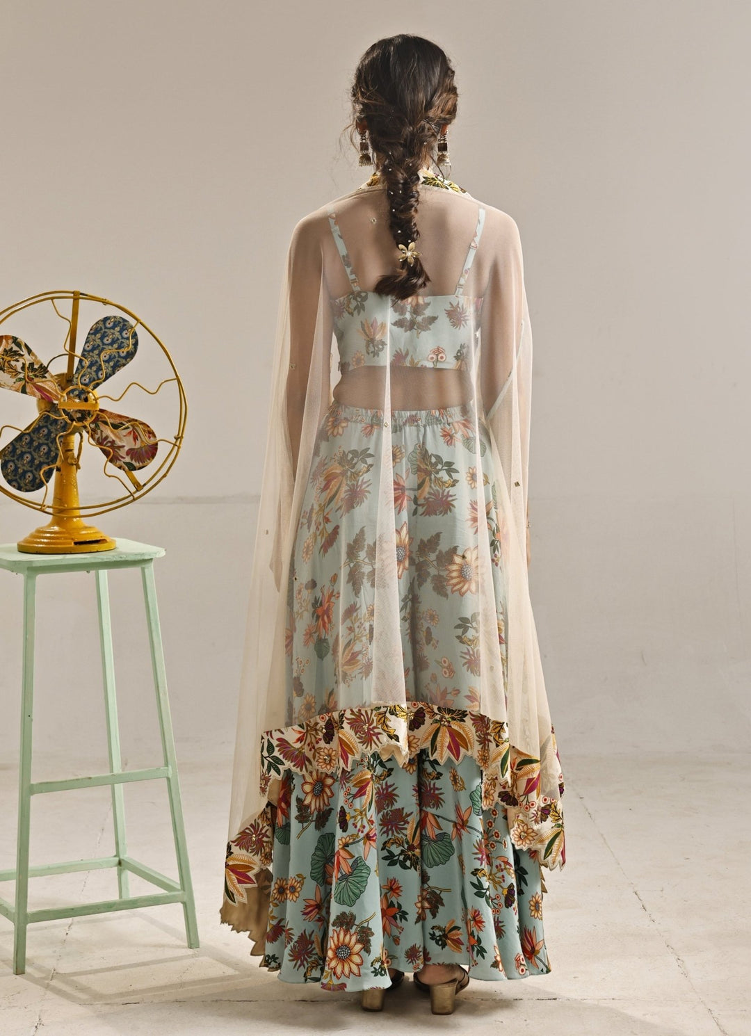 Powder Blue Printed Crepe Pants Set With Cape Soup by Sougat Paul - Fabilicious Fashion