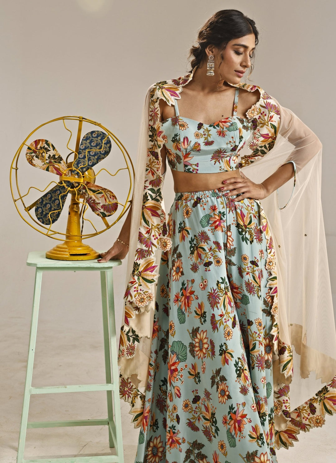 Powder Blue Printed Crepe Pants Set With Cape Soup by Sougat Paul - Fabilicious Fashion