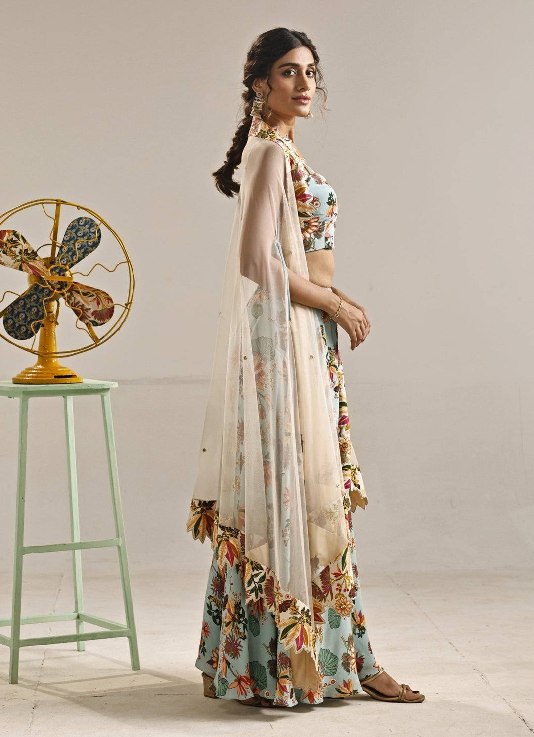 Powder Blue Printed Crepe Pants Set With Cape Soup by Sougat Paul - Fabilicious Fashion
