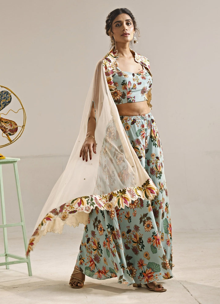 Powder Blue Printed Crepe Pants Set With Cape Soup by Sougat Paul - Fabilicious Fashion