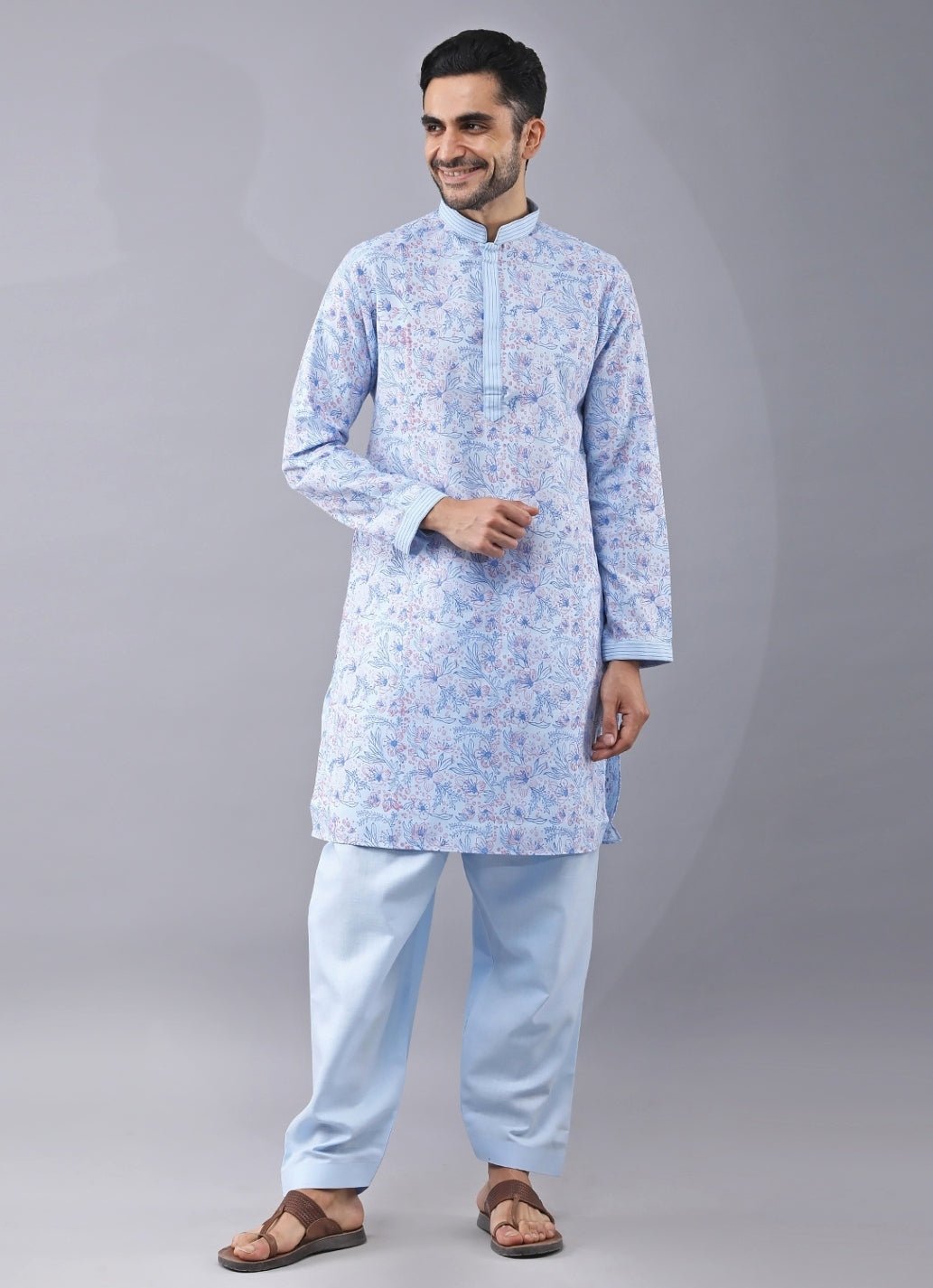 Powder Blue Printed Silk Kurta Pants Set Manish Nagdeo Men - Fabilicious Fashion