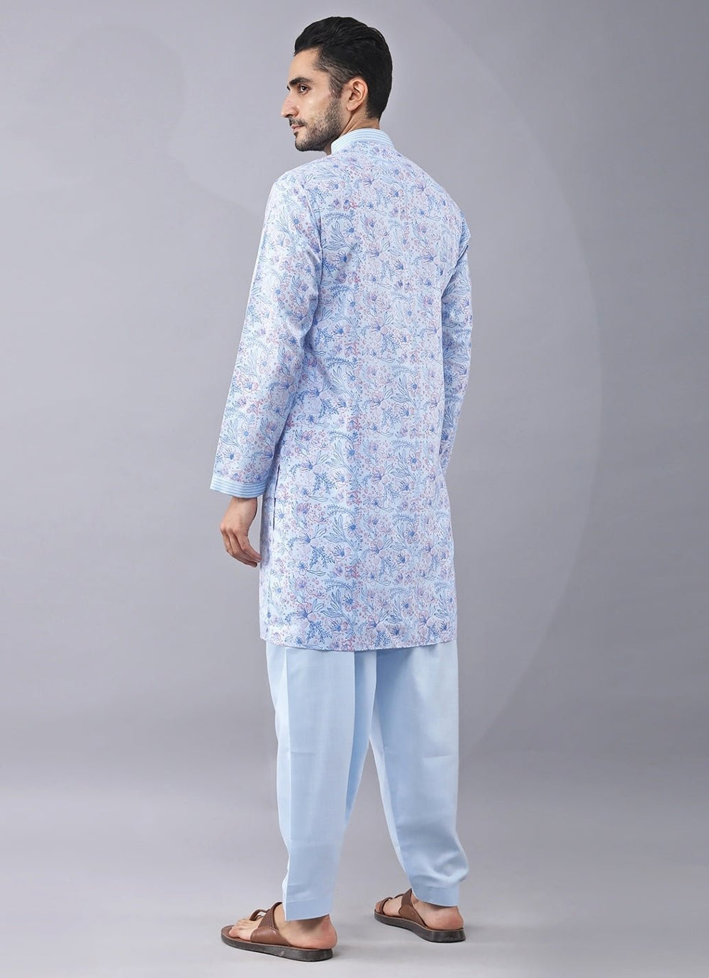 Powder Blue Printed Silk Kurta Pants Set Manish Nagdeo Men - Fabilicious Fashion