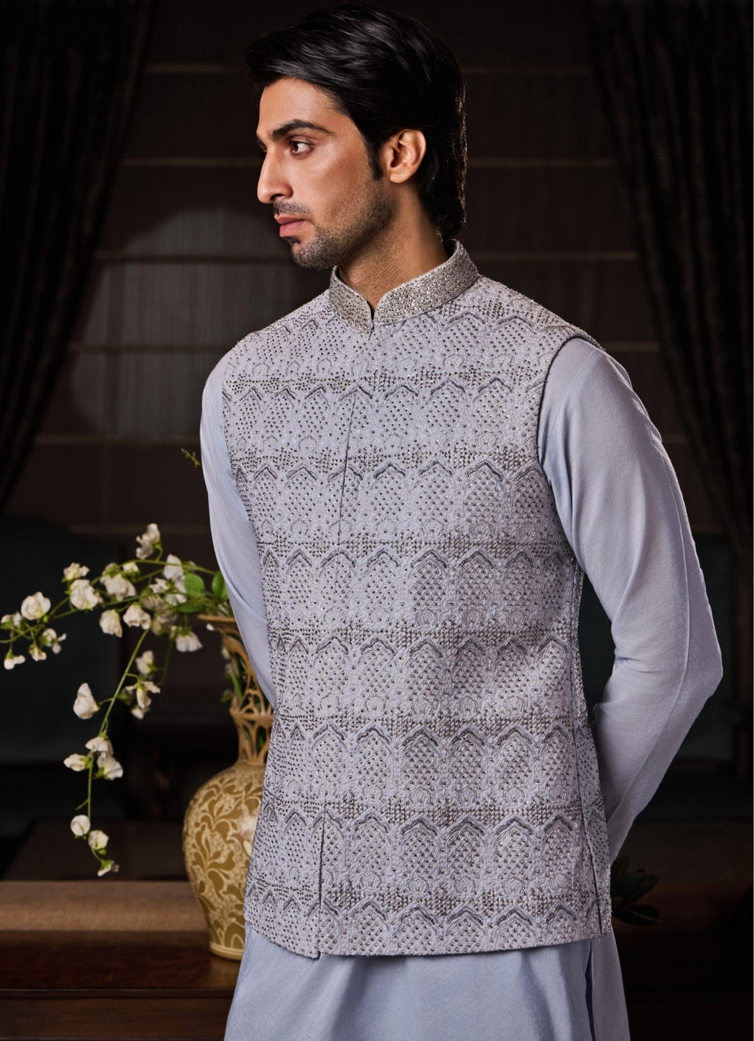 Powder Blue Raw Silk Nehru Jacket Set Nitika Gujral - Men - Fabilicious Fashion