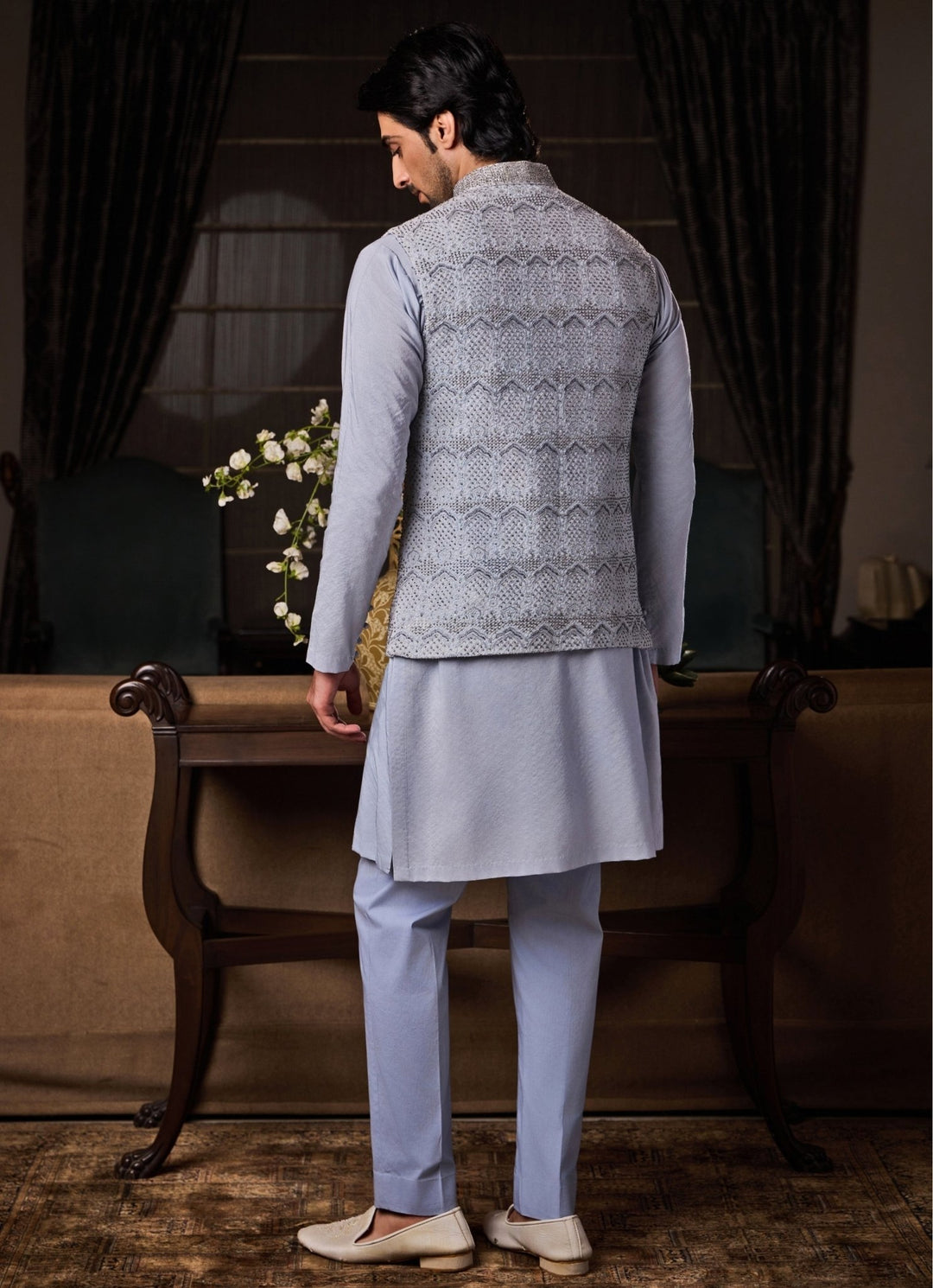 Powder Blue Raw Silk Nehru Jacket Set Nitika Gujral - Men - Fabilicious Fashion