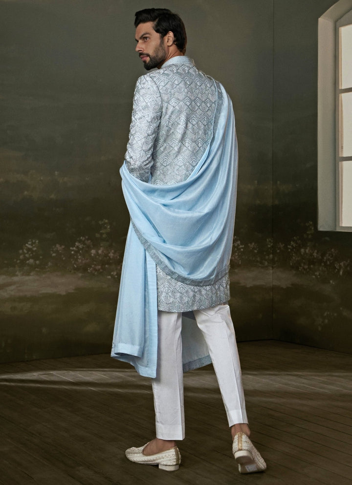 Powder Blue Raw Silk Sherwani Set Nitika Gujral - Men - Fabilicious Fashion