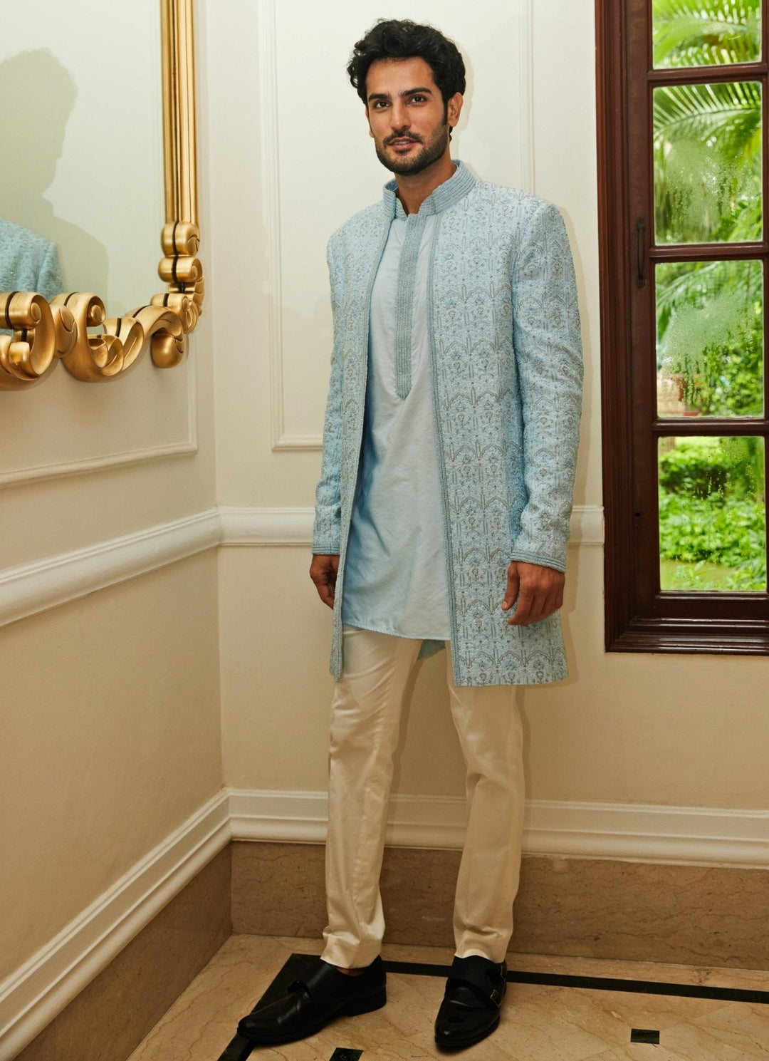 Powder Blue Raw Silk Sherwani Set Nitika Gujral - Men - Fabilicious Fashion