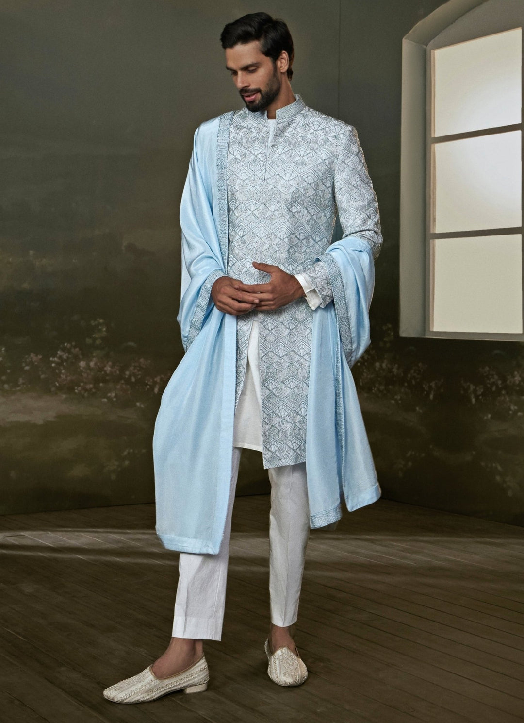 Powder Blue Raw Silk Sherwani Set Nitika Gujral - Men - Fabilicious Fashion