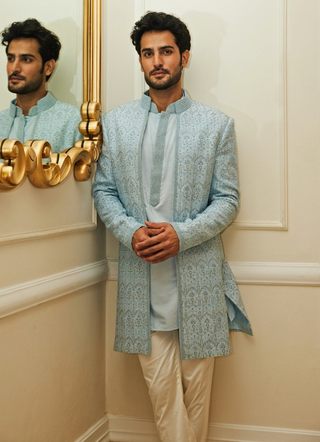 Powder Blue Raw Silk Sherwani Set Nitika Gujral - Men - Fabilicious Fashion