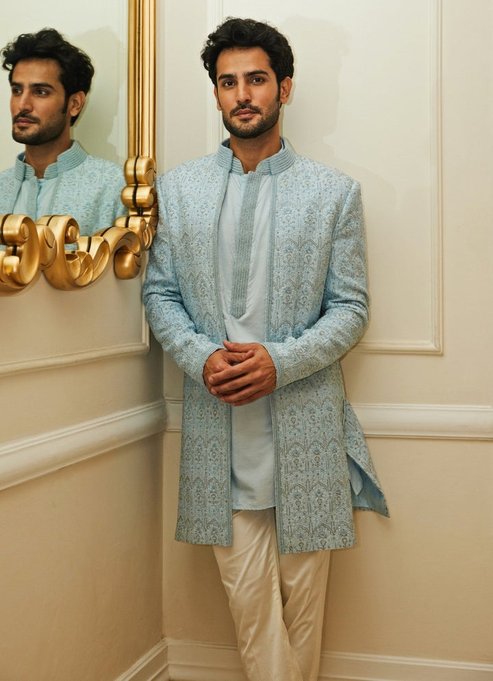 Powder Blue Raw Silk Sherwani Set Nitika Gujral - Men - Fabilicious Fashion