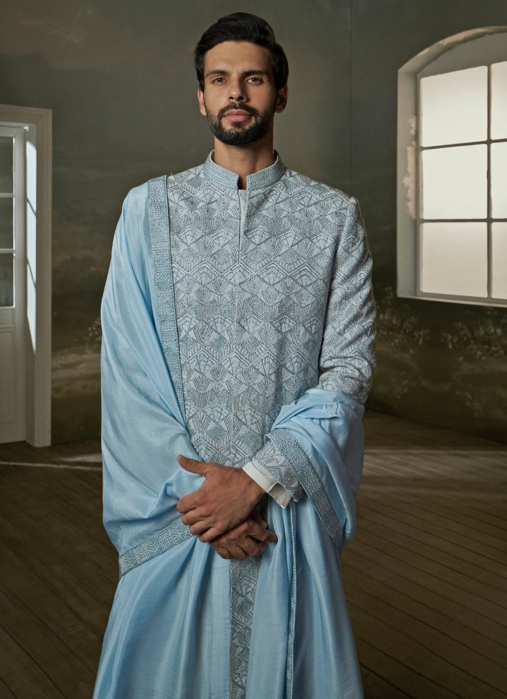 Powder Blue Raw Silk Sherwani Set Nitika Gujral - Men - Fabilicious Fashion