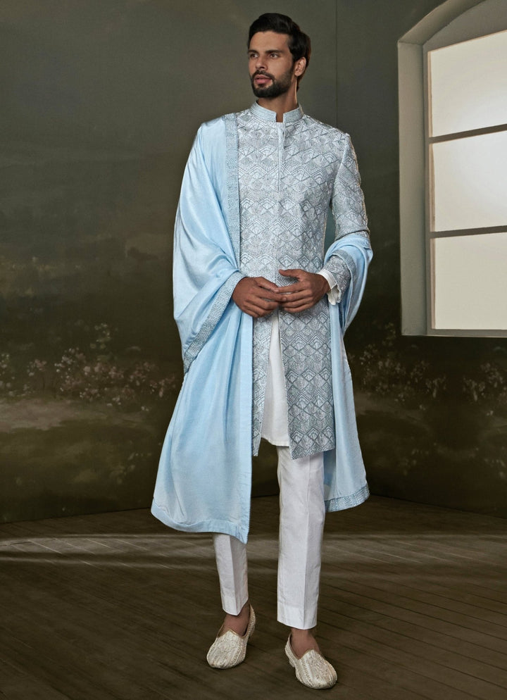 Powder Blue Raw Silk Sherwani Set Nitika Gujral - Men - Fabilicious Fashion