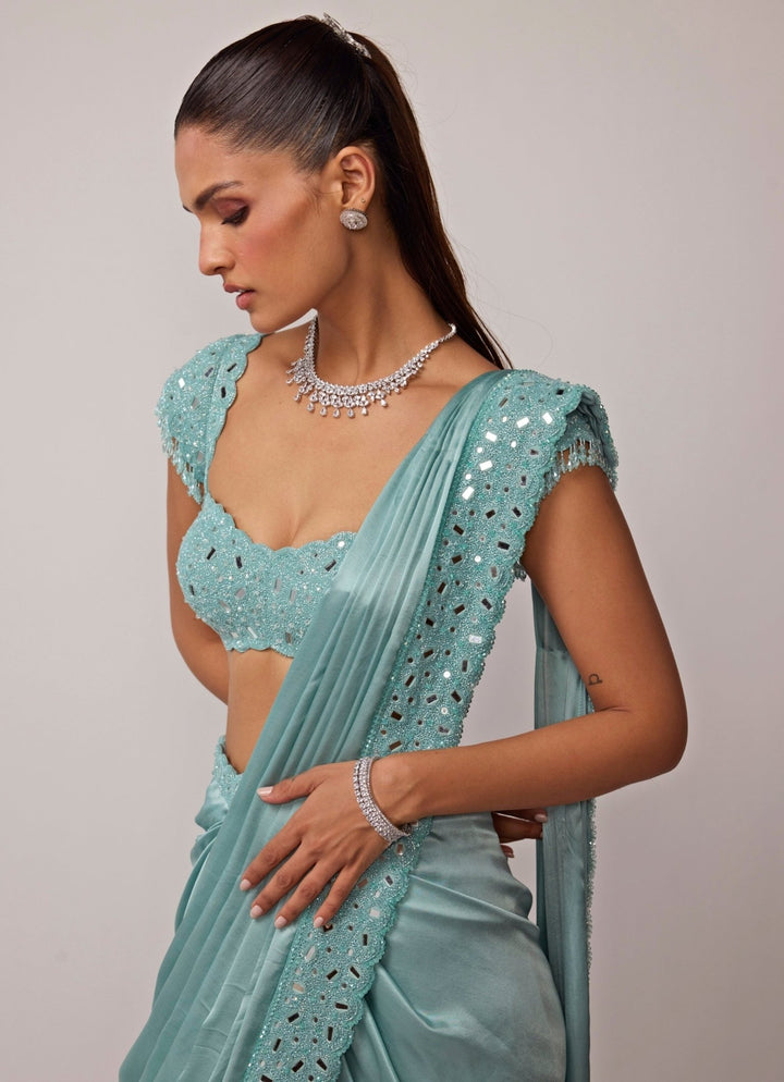 Vvani by Vani Vats Powder Blue Satin Pre-Draped Saree SetFabilicious Fashion