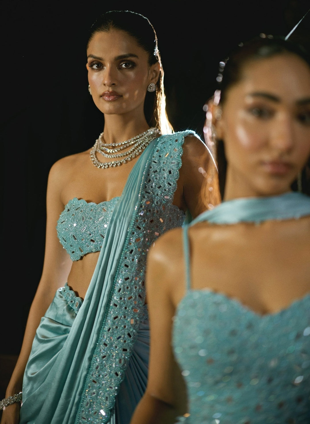 Vvani by Vani Vats Powder Blue Satin Pre-Draped SareeFabilicious Fashion
