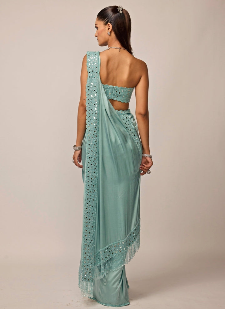 Vvani by Vani Vats Powder Blue Satin Pre-Draped SareeFabilicious Fashion
