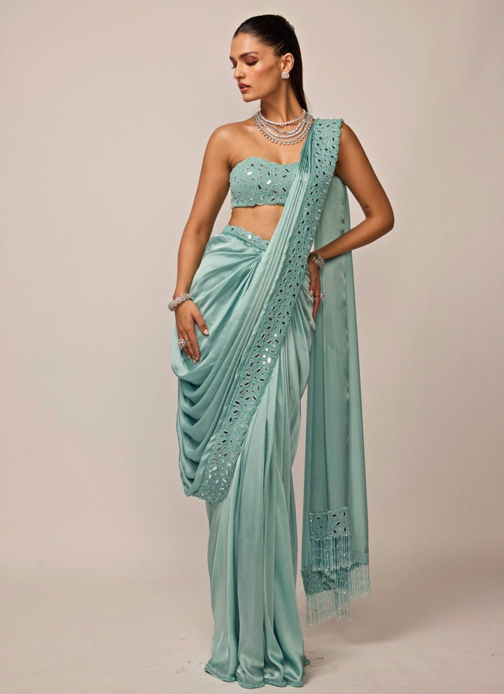 Vvani by Vani Vats Powder Blue Satin Pre-Draped SareeFabilicious Fashion