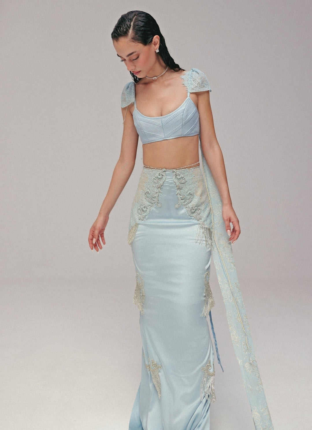 The Little Black Bow Powder Blue Satin Silk Pencil Skirt SetFabilicious Fashion