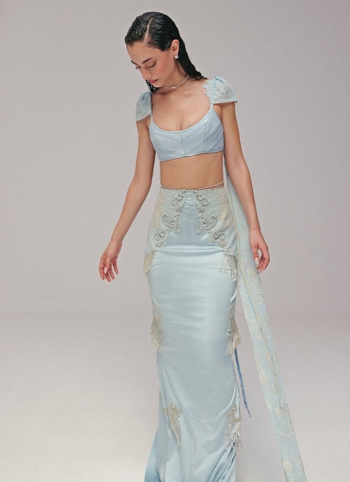 The Little Black Bow Powder Blue Satin Silk Pencil Skirt SetFabilicious Fashion