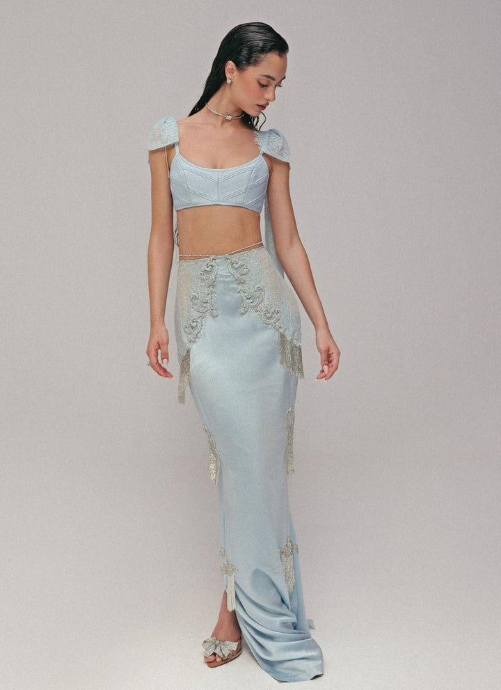 The Little Black Bow Powder Blue Satin Silk Pencil Skirt SetFabilicious Fashion