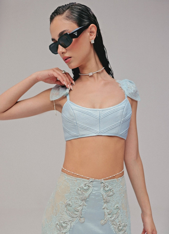 The Little Black Bow Powder Blue Satin Silk Pencil Skirt SetFabilicious Fashion