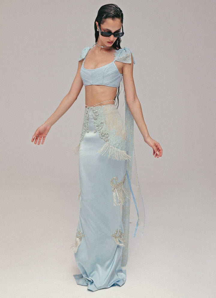 The Little Black Bow Powder Blue Satin Silk Pencil Skirt SetFabilicious Fashion