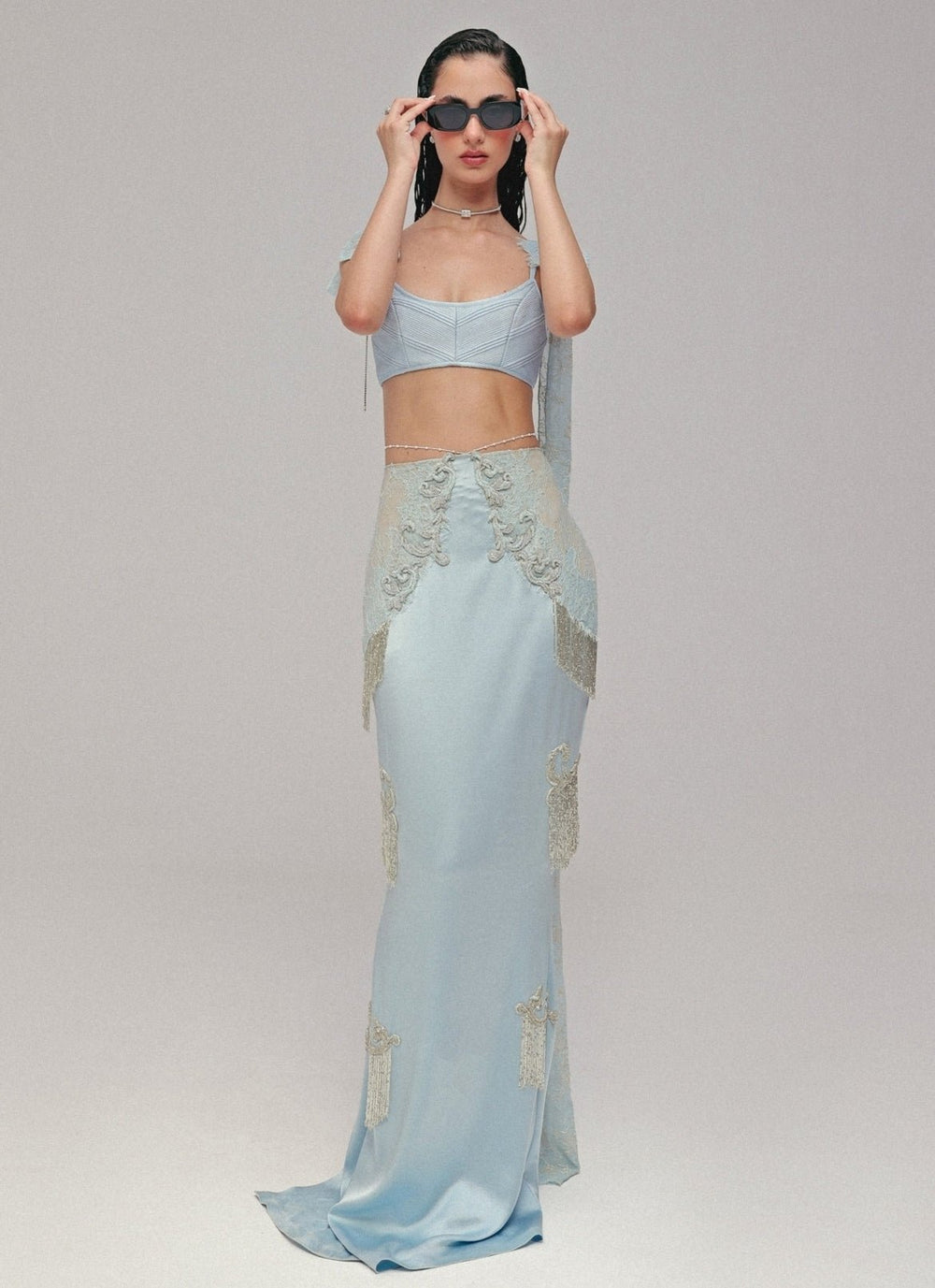 The Little Black Bow Powder Blue Satin Silk Pencil Skirt SetFabilicious Fashion