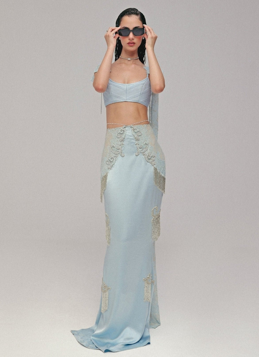 The Little Black Bow Powder Blue Satin Silk Pencil Skirt SetFabilicious Fashion