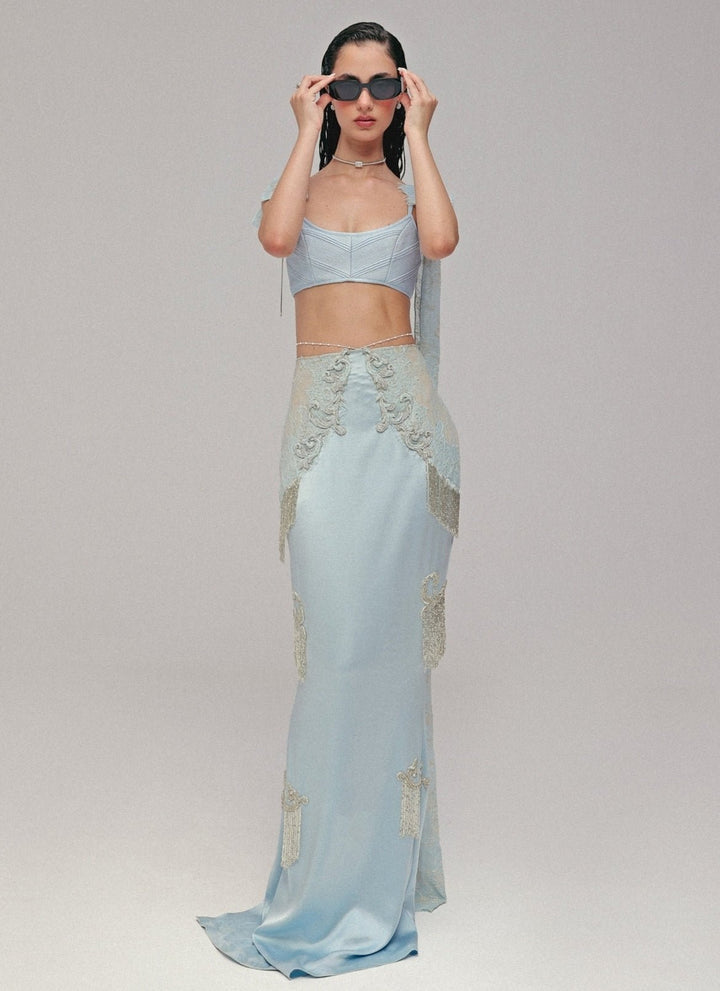 The Little Black Bow Powder Blue Satin Silk Pencil Skirt SetFabilicious Fashion