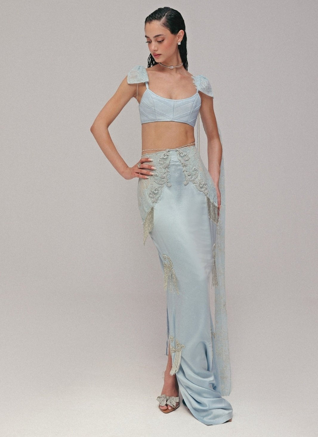 The Little Black Bow Powder Blue Satin Silk Pencil Skirt SetFabilicious Fashion