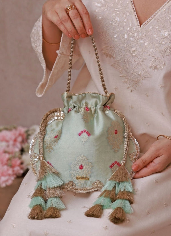Powder Blue Scallop Silk Potli