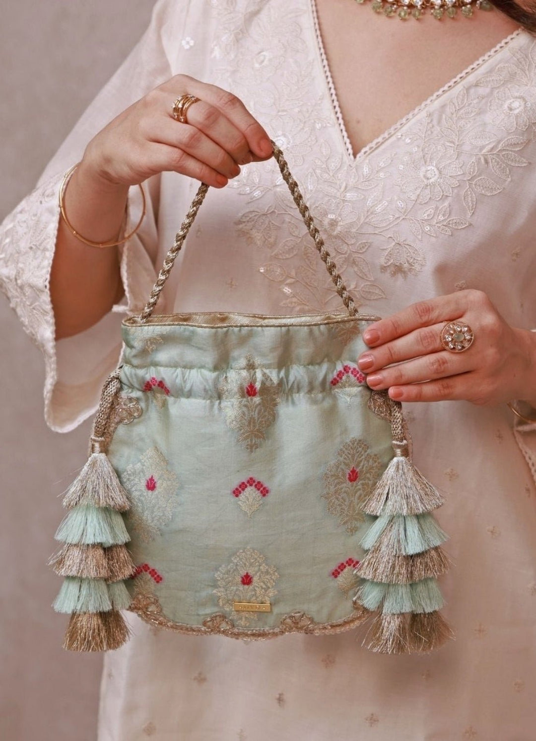 Powder Blue Scallop Silk Potli Amyra - Fabilicious Fashion