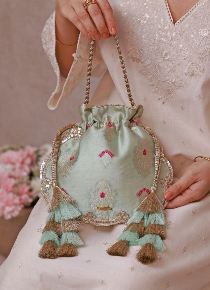 Powder Blue Scallop Silk Potli Amyra - Fabilicious Fashion