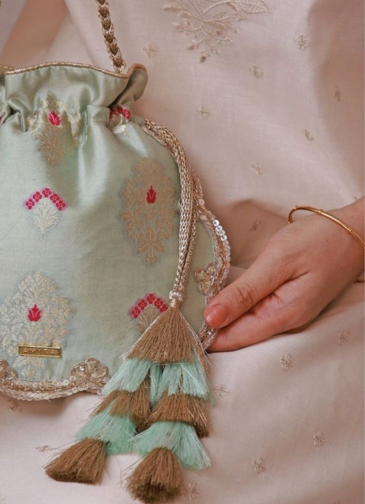 Powder Blue Scallop Silk Potli Amyra - Fabilicious Fashion
