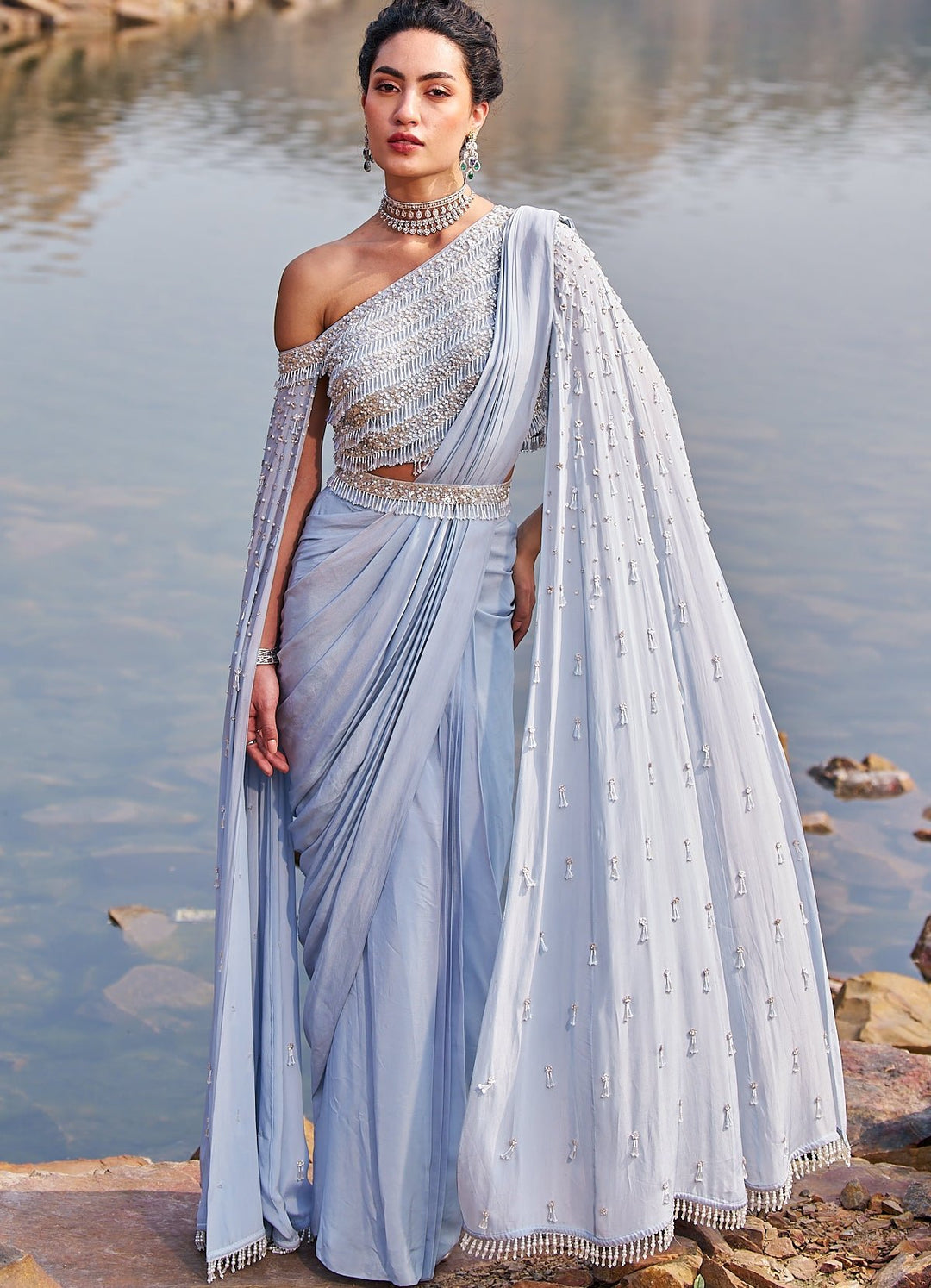 Powder Blue Sequinned Saree With One Shoulder Blouse Nidhika Shekhar - Fabilicious Fashion