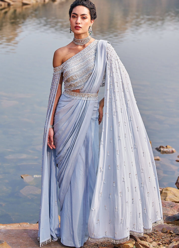 Powder Blue Sequinned Saree With One Shoulder Blouse Nidhika Shekhar - Fabilicious Fashion