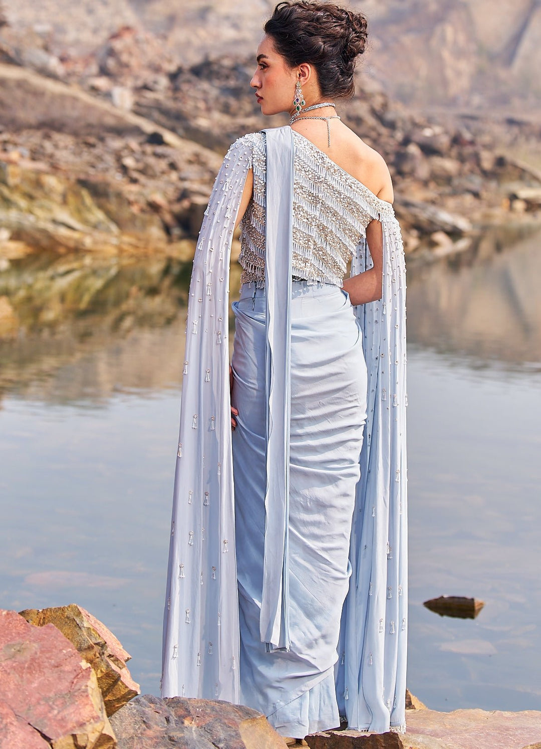 Powder Blue Sequinned Saree With One Shoulder Blouse Nidhika Shekhar - Fabilicious Fashion