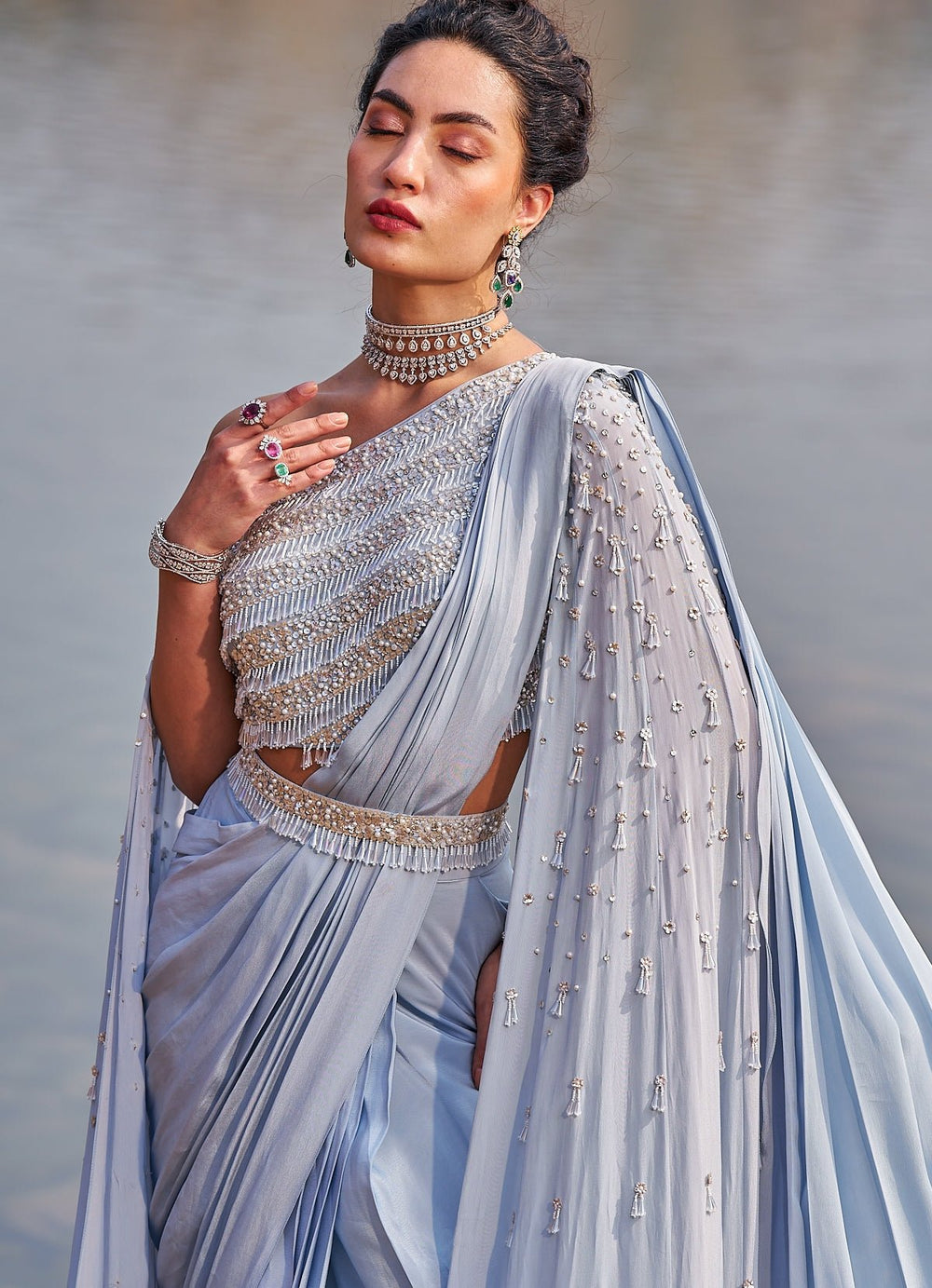 Powder Blue Sequinned Saree With One Shoulder Blouse Nidhika Shekhar - Fabilicious Fashion